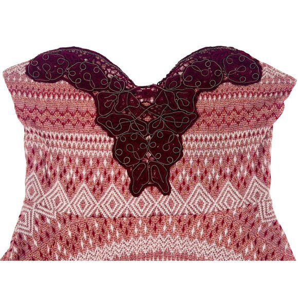 Free People Burgundy Shimmer Fit & Flare Tulle Trim Embroidered Sweetheart Dress - Picture 3 of 16